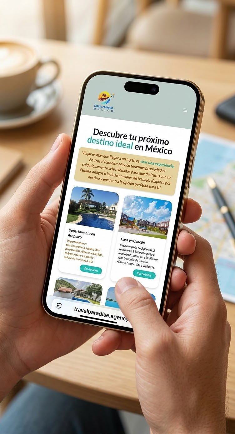 Person holding smartphone displaying Travel Paradise Agency website showing Mexican vacation destinations with images of Acapulco and Cancun accommodations