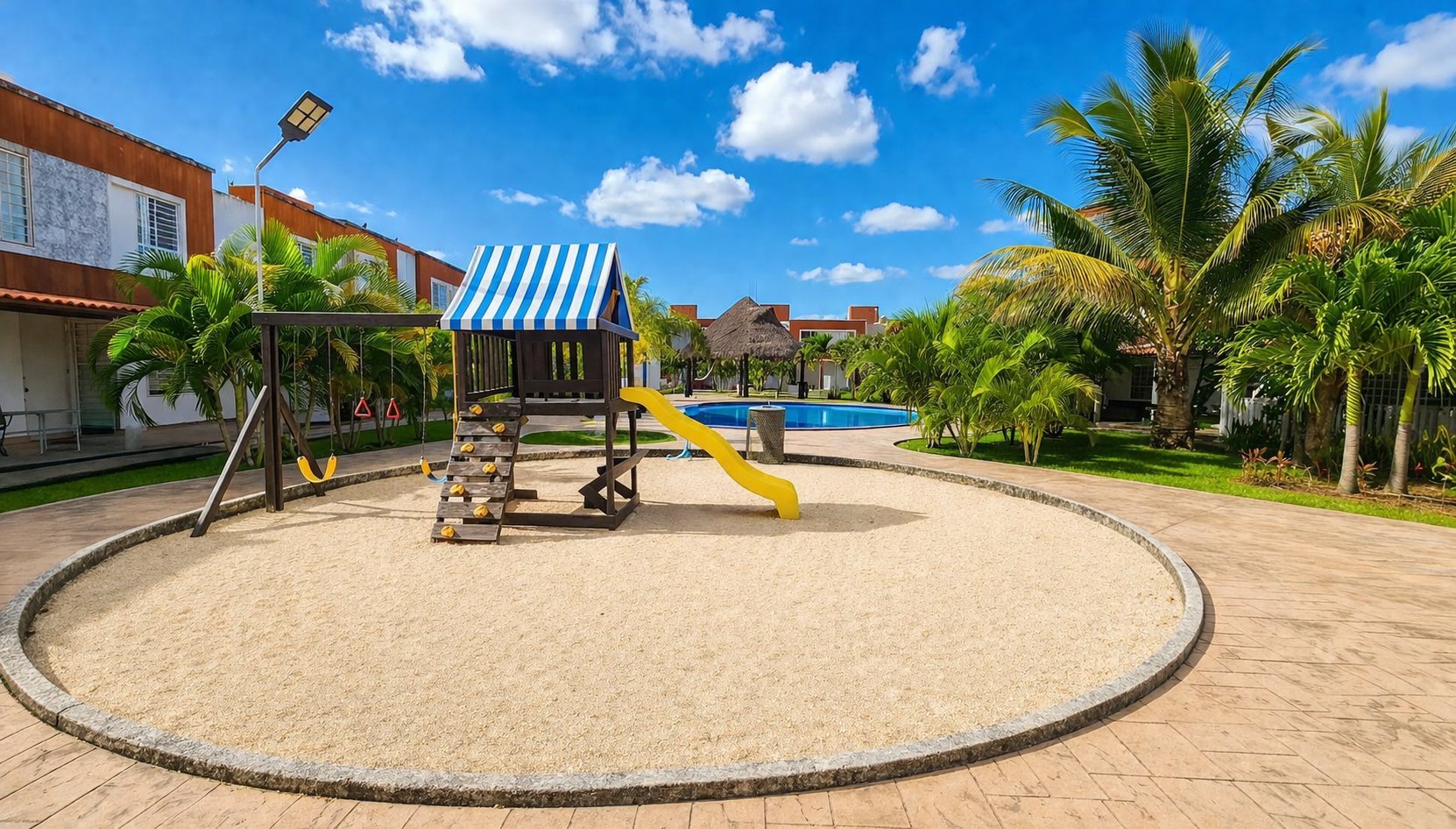 Sunny playground with wooden play structure, slide, and sandbox surrounded by palm trees and modern residential buildings.