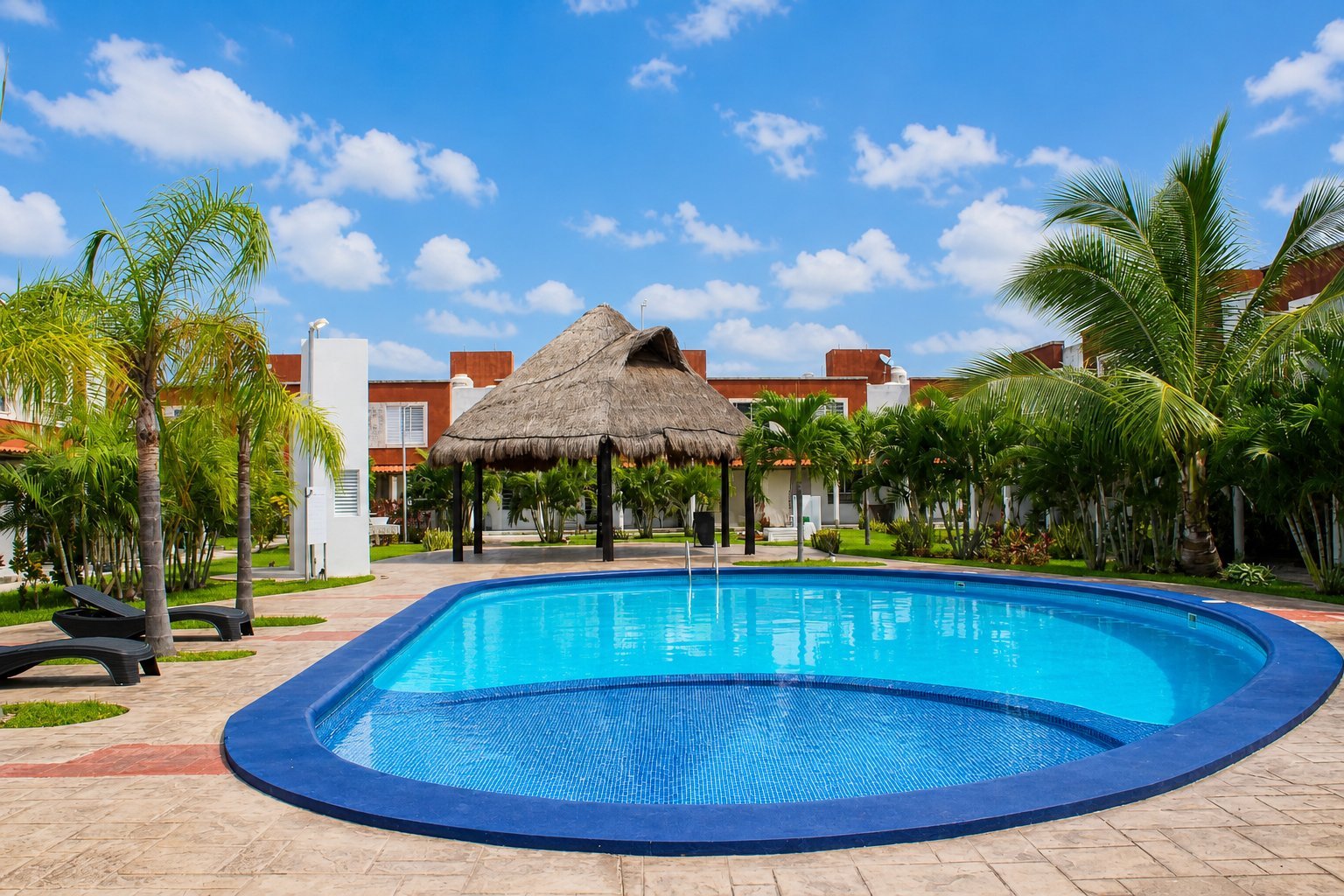 Tropical resort with curved blue swimming pool surrounded by palm trees, brick buildings with thatched roof gazebo, and blue sky with white clouds.