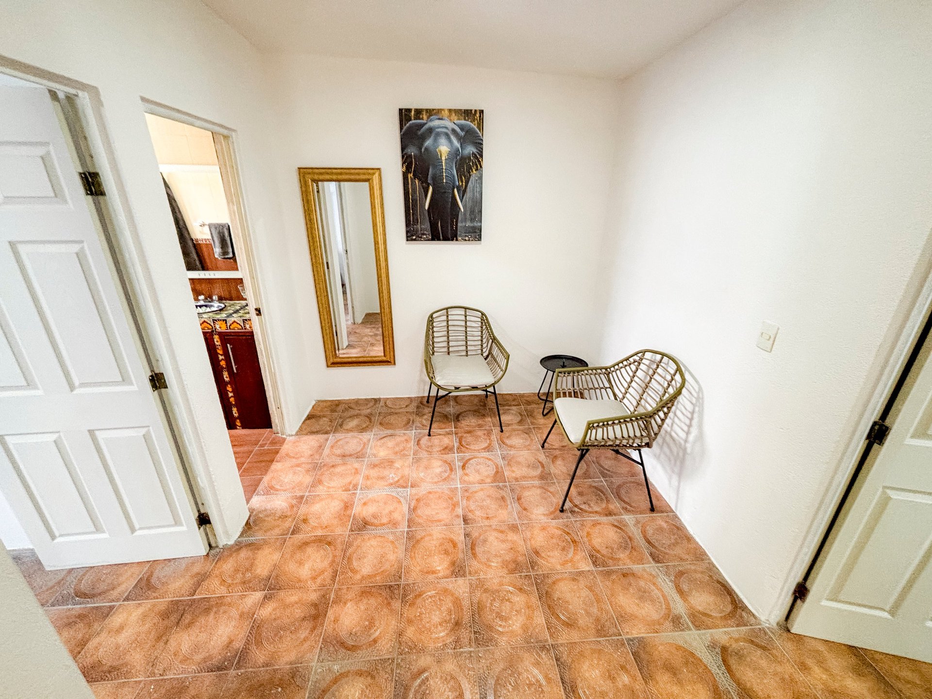 Sparse living room with wooden flooring, two rattan chairs, mirrors, and an elephant portrait on the wall