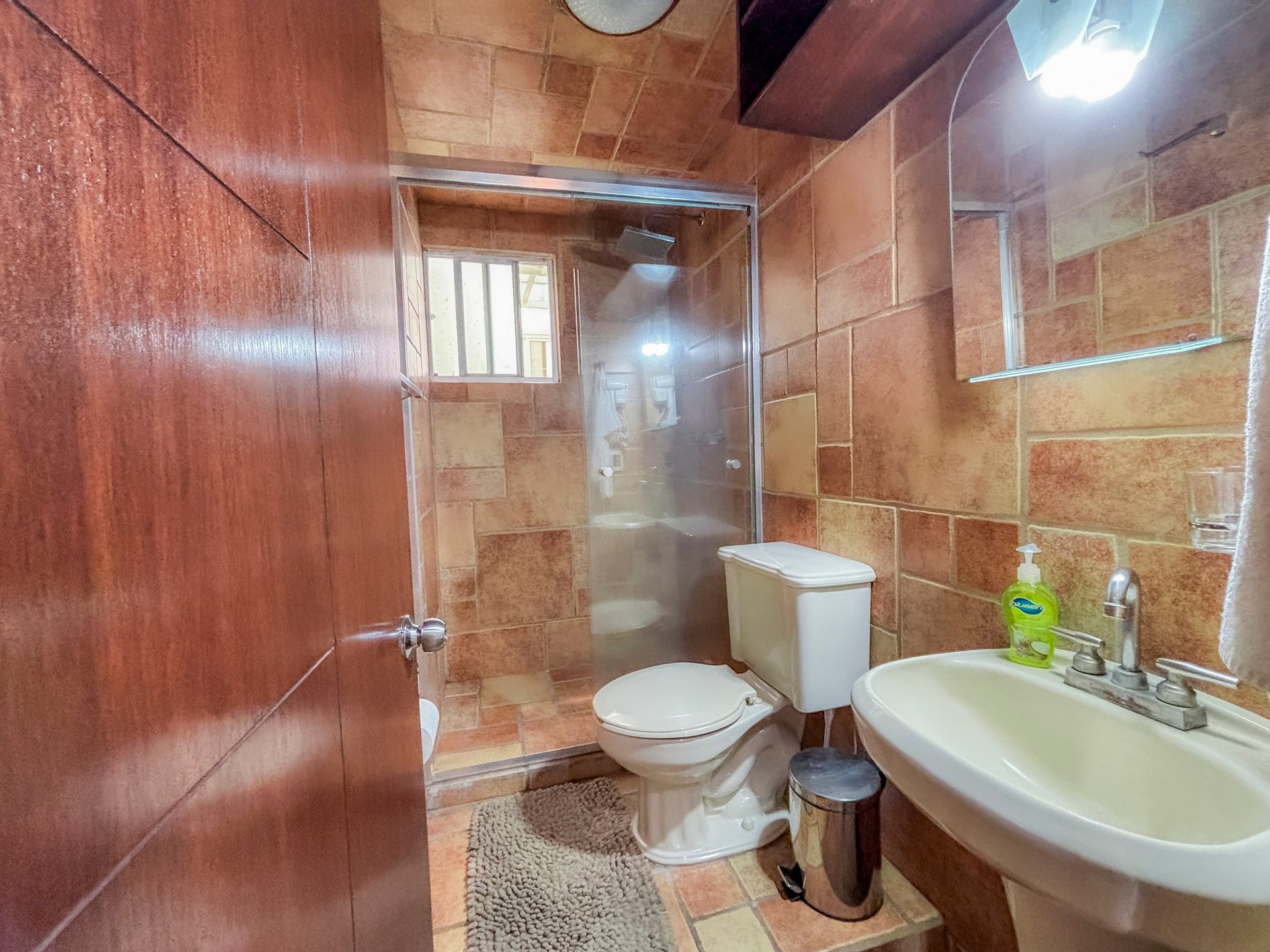 Modern bathroom with terracotta tile walls, walk-in shower with glass enclosure, white toilet, curved sink, and bathroom accessories.
