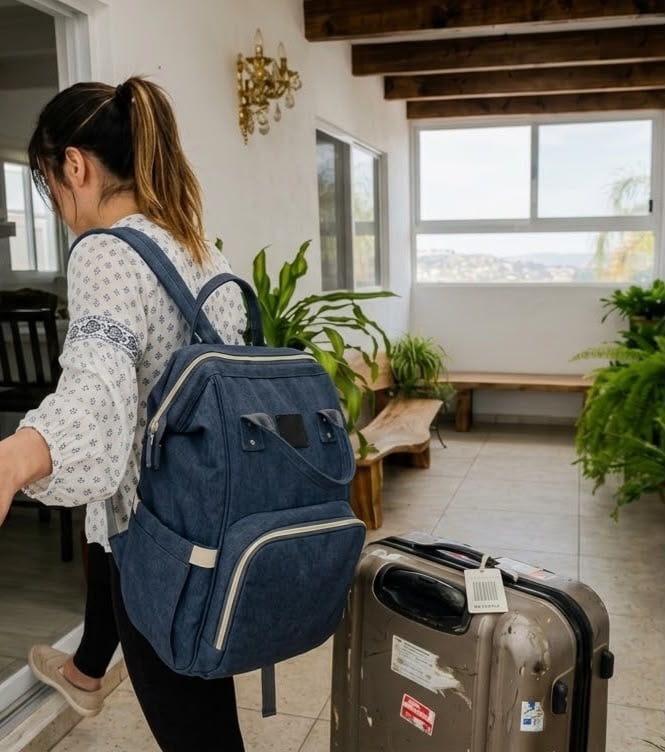 Woman wearing a blue denim backpack and holding a gray suitcase in a modern home with plants and large windows