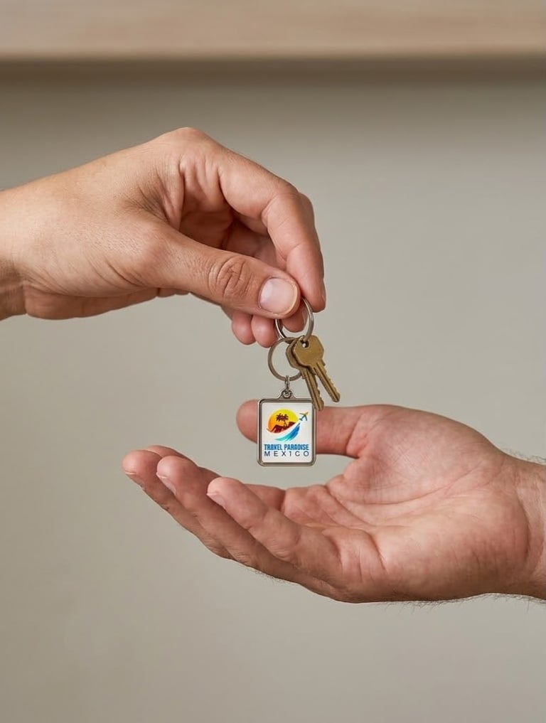 One person handing a house keys with a colorful keychain to another persons open palm