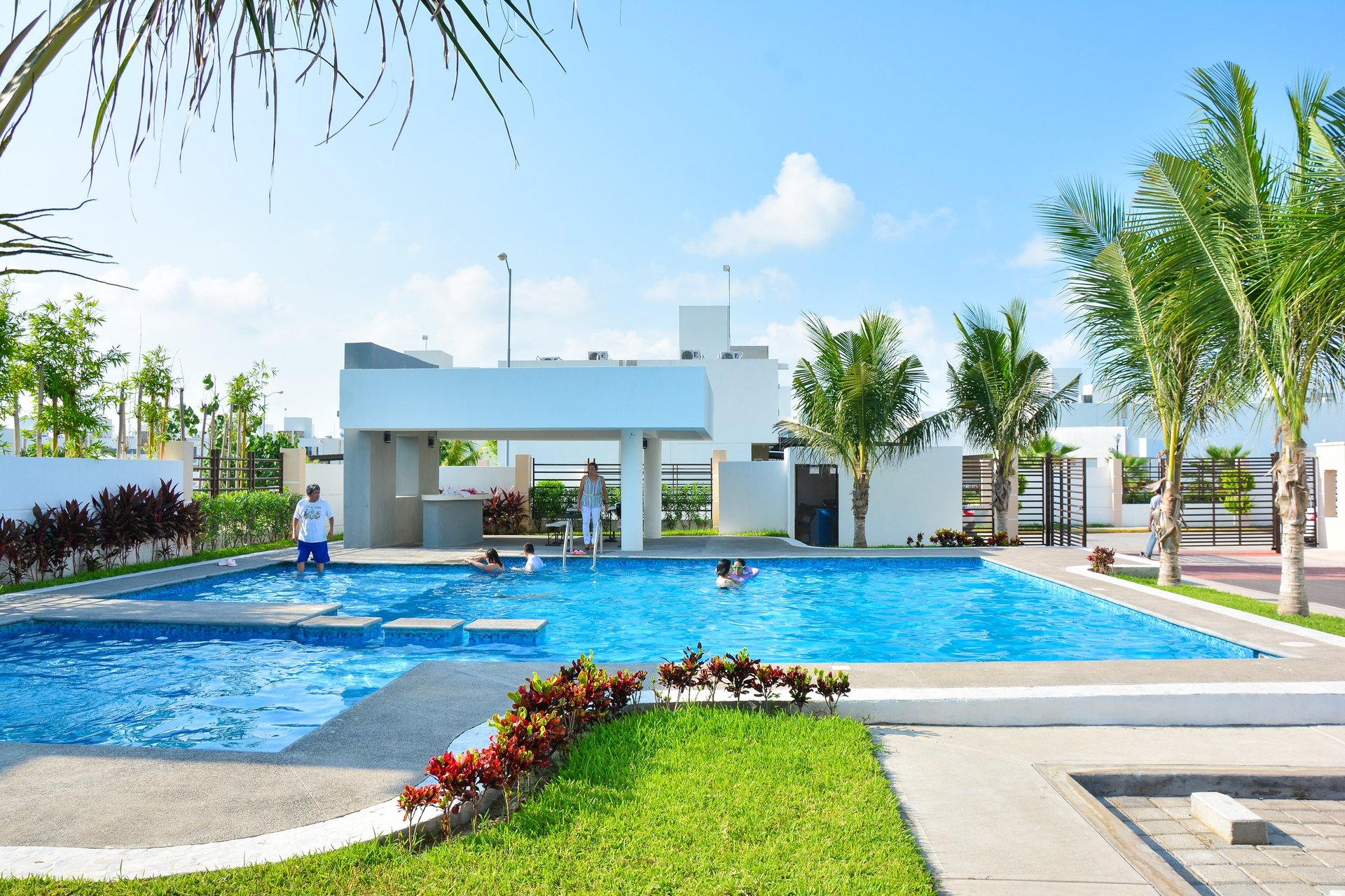 Modern white house with large rectangular swimming pool, palm trees, and manicured lawn on a sunny day